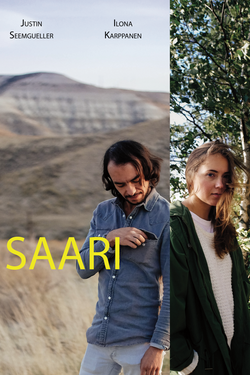 POSTER FOR THE SHORT FILM SAARI (ENG. ISLAND). FEATURING A SPLIT WITH THE TWO LEAD CHARACTERS, ONE MALE AND ONE FEMALE. THE MALE IN FRONT OF A MOUNTAIN THAT'S GREY AND DRY, AND THE WOMAN IN FRONT OF A LIVELY GREEN TREE