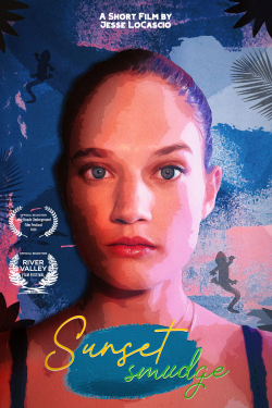 POSTER FOR THE FILM SUNSET SMUDGE FEATURING THE LEAD CHARACTER IN AN ART TYPE STYLE, CLOSEUP OF HER FACE, WITH SPLOTCHES OF PAINTED IMAGERY LIKE AN ART CANVAS BEHIND HER.