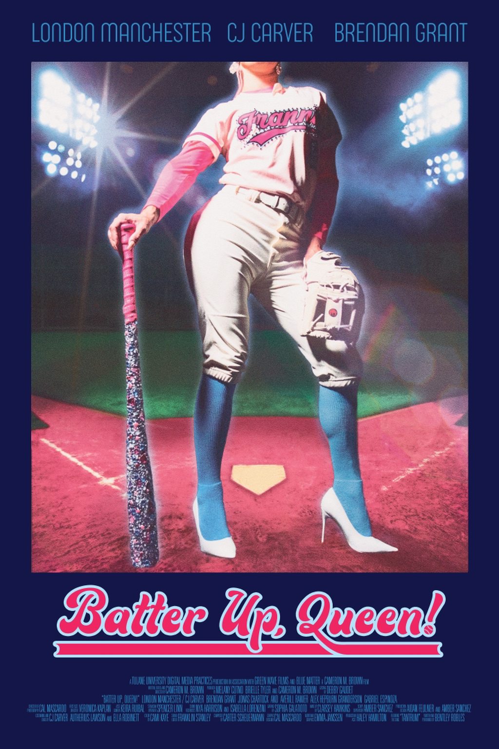 POSTER FOR THE FILM BATTER UP QUEEN FEATURING A BASEBALL PLAYER IN UNIFORM AT A STADIUM WITH A SPARKLING GLITTER BAT. 